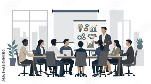 Diverse business team collaborating in a corporate meeting presentation