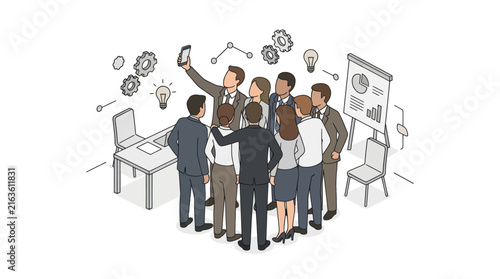 Business Team Collaborating and Taking a Group Photo in Office