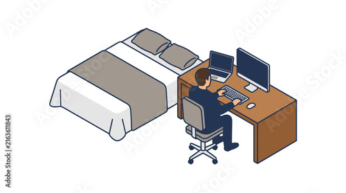 Isometric Illustration of Man Working at Home Office Desk