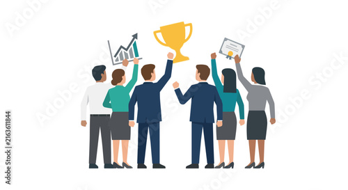 Successful business team celebrating achievement with trophy and growth chart