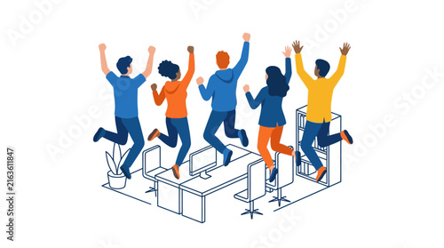 Group of Diverse Happy Office Workers Jumping in Celebration of Success
