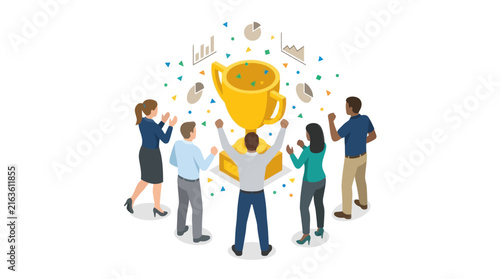 Team of Business Professionals Celebrating Success Around a Large Gold Trophy