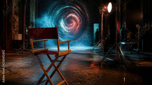 A film set illuminated by dramatic lighting, featuring a director's chair in the foreground and a swirling vortex portal effect in the background, creating a mysterious and cinematic atmosphere.