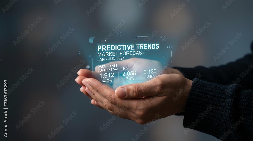 Obraz premium Person holding futuristic holographic interface with business predictive trends and market forecast data