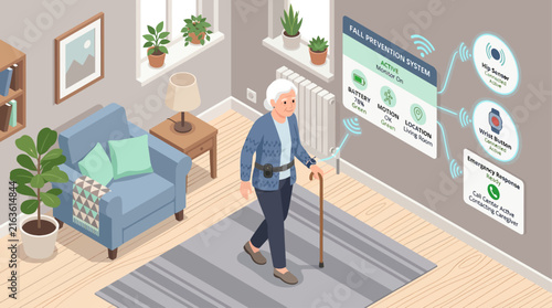 Isometric Smart Home Healthcare Fall Prevention System with Senior Woman Walking in Living Room