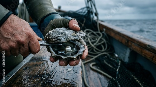Oyster farmer opens oyster revealing a perfect pearl on a boat at sea