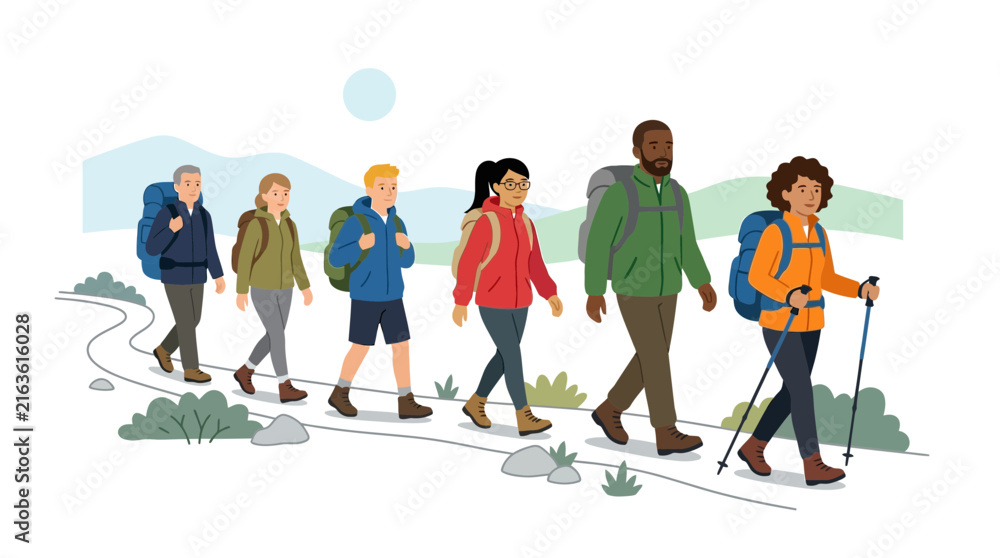 Fototapeta premium Group of diverse hikers walking on a trail illustration