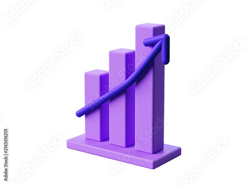 3D purple bar chart with rising arrow showing business growth and financial success
