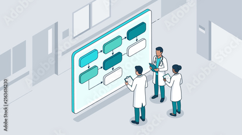 Isometric medical team analyzing digital flowchart screen for hospital workflow and healthcare management concept