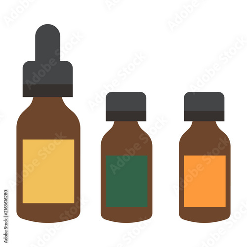 Glass dropper bottle and amber essential oil cosmetic vials flat vector icon