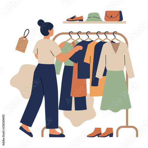 Female thrift shop boutique owner selecting clothes on metal hanging rack flat vector