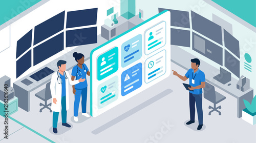 Isometric medical team analyzing digital patient health records and data on large screen in hospital command room