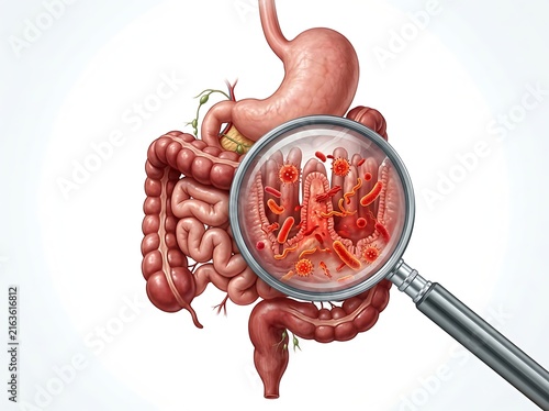 Medical illustration of the human digestive system with a magnifying glass focusing on intestinal villi and microorganisms, isolated on white background