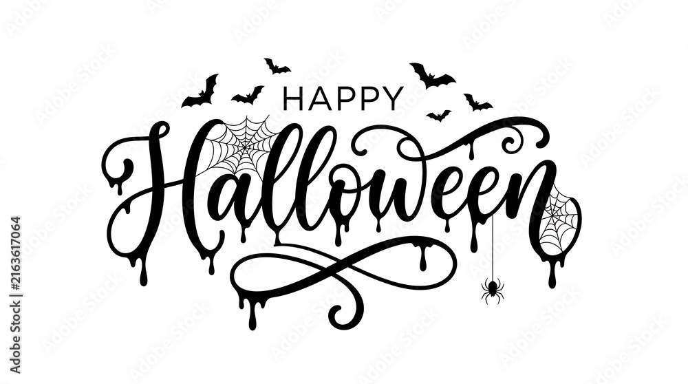Obraz premium Elegant handwritten happy halloween lettering with bats and dripping ink effects
