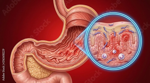 Illustration of a human stomach crosssection showing inflammation of the lining caused by helicobacter pylori bacteria infection
