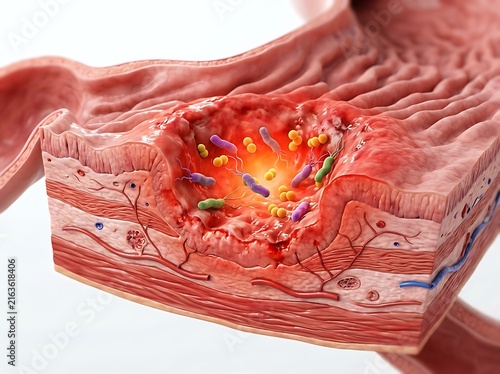 3d medical illustration of a gastric ulcer showing damaged stomach lining tissue with bacterial infection and inflammation
