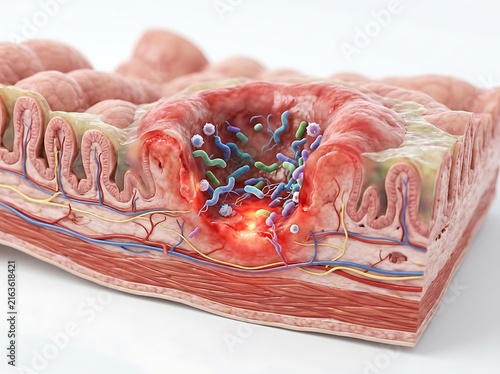 3d medical illustration of a gastric ulcer showing bacterial infection, inflammation, and tissue damage in the stomach lining isolated on white background