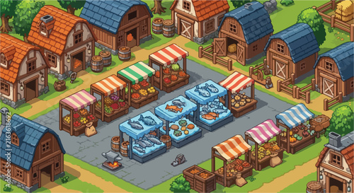Isometric medieval village market vector, rustic town square with merchant stalls and farm buildings, fantasy rpg game map assets