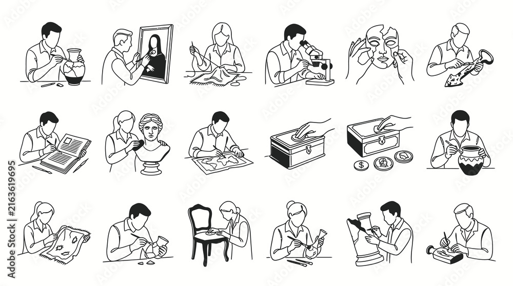 Obraz premium Cultural Heritage Conservation and Art Restoration Black and White Line Art Icons Set
