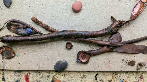 assemblage,sculpture,found objects,twigs,metal scraps,rusty metal,wooden panel,mixed media,art,assemblage art
