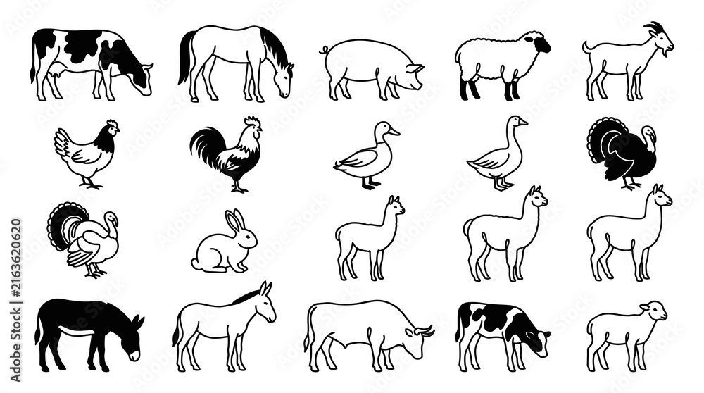 Naklejka premium Farm Animals Black and White Line Art Vector Set