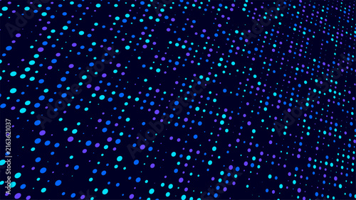 Abstract high tech background futuristic matrix of glowing cyan electric blue and purple dots arranged perspective grid simulating dynamic big data flow and digital landscape