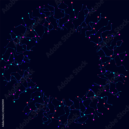 Circular abstract technology background with thin wavy blue lines connected by colorful neon nodes on dark backdrop, digital data science network concept and futuristic design overlay