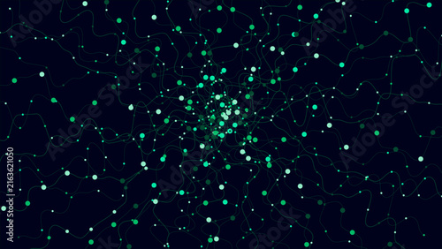 Abstract digital network background with glowing green nodes and wavy lines spreading from center, technology big data cyber security artificial intelligence and neural system concepts