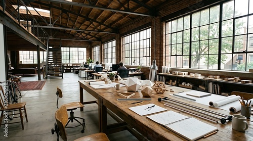 Architectural Design Studio with Geometric Models and Drafting Tools