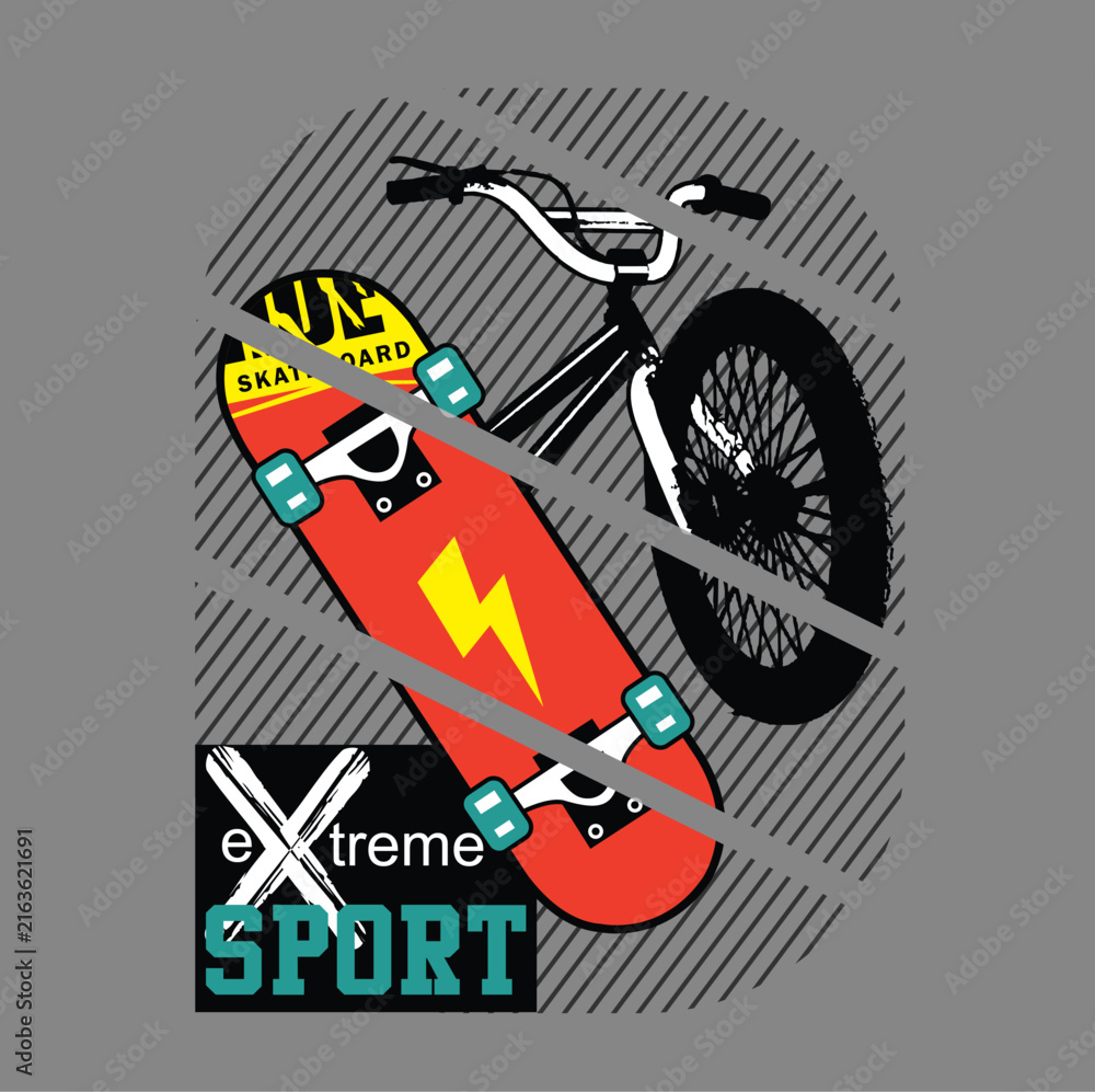 Obraz premium Skateboard and bicycle arranged together with extreme sport text label. Sport concept