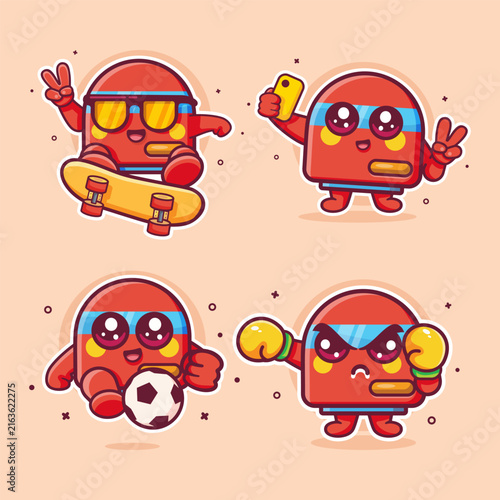 Cute red air purifier mascot cartoon vector illustration set, featuring skateboarding, taking selfie, football, and boxing.