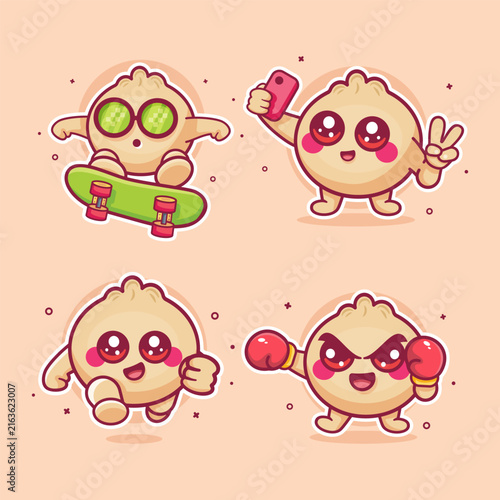 Cute dim sum dumpling mascot cartoon vector illustration set, featuring skateboarding, boxing, running, and taking selfie.