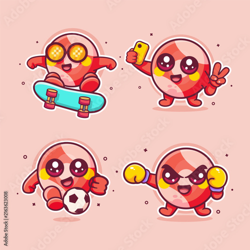 Cute red billiard ball mascot cartoon vector illustration set, featuring skateboarding, selfie, soccer, and boxing.