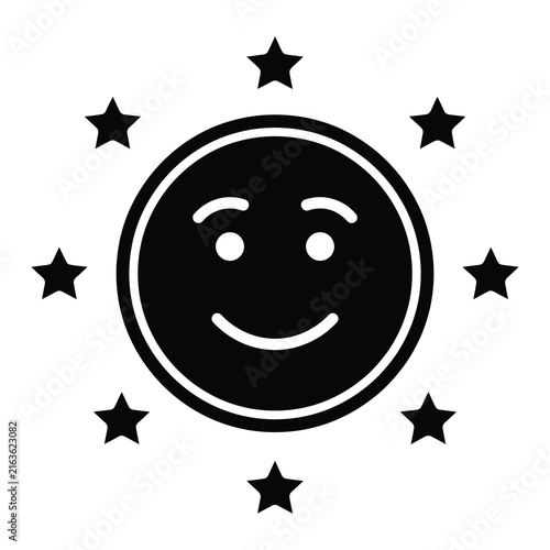 Happy Smiling Face Line Icon with Stars for Rating and Customer Satisfaction