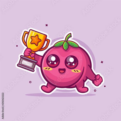 Cheerful peach mascot holding golden winner trophy cartoon illustration. Victory, champion, success, and achievement concept.
