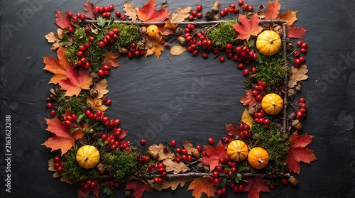 Autumn frame made of colorful fall leaves and small pumpkins on a dark rustic wooden background