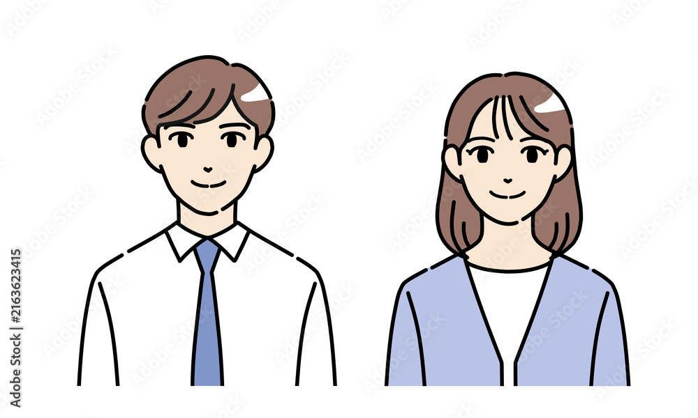Fototapeta premium 正面を向いている若い男女の会社員のイラストセット