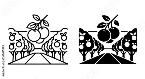 Bild auf Leinwand Orchard Harvest Icons, Fruit Trees, Rural Landscape, Agriculture Vector Set