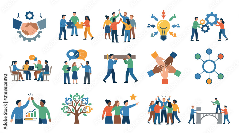 Fototapeta premium Teamwork and Collaboration Icons: Business Meeting, Success, Ideas, Synergy