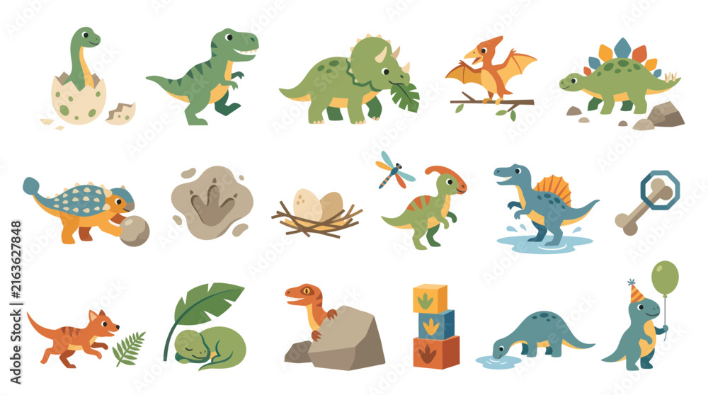 Obraz premium Cute Cartoon Dinosaurs and Baby Reptiles Flat Vector Icons