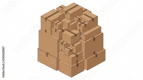 Isometric stack of cardboard delivery boxes isolated on white background