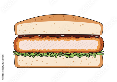 Crispy pork cutlet katsu sandwich with shredded cabbage and sauce isolated on clean white background