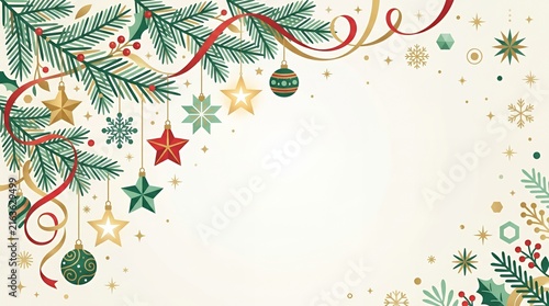 Festive Christmas border with pine branches and colorful ornaments.