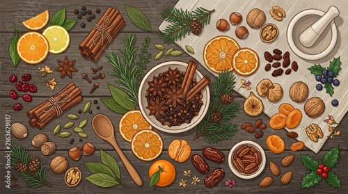 Festive arrangement of dried fruits, nuts, and spices flatlay.