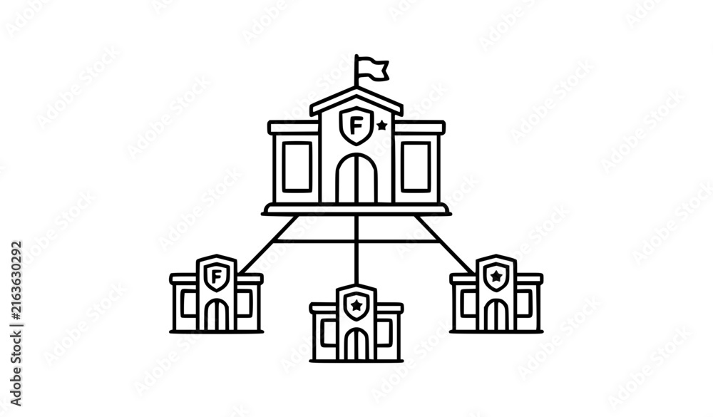 Fototapeta premium Organizational hierarchy vector concept, branch network and corporate structure icon, outline headquarters with connected subsidiary buildings