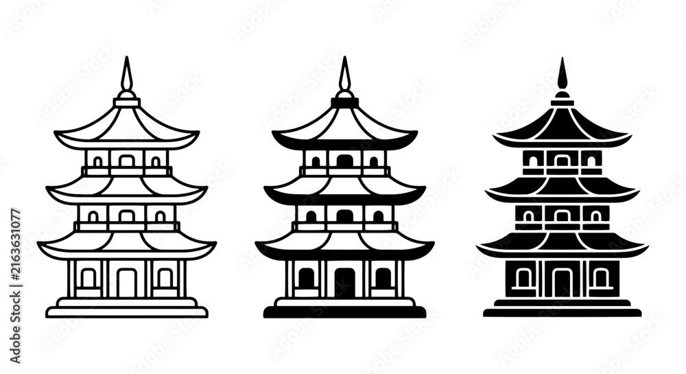 Naklejka premium Japanese Pagoda Icons, Asian Architecture Vector Set, Traditional Building Illustrations, Cultural Landmark Graphics