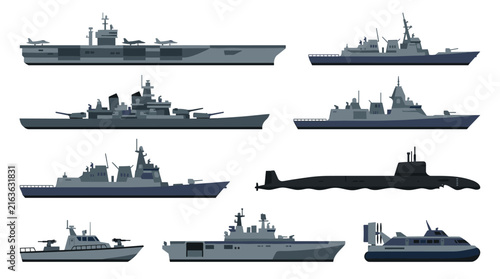 Obraz na plátně Military Warship and Naval Fleet Vector Icon Set with Aircraft Carrier, Destroye