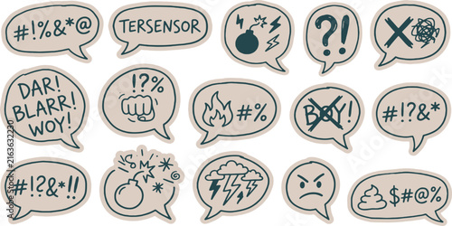 Obraz na plátne Collection of hand-drawn speech bubbles with symbols representing anger, frustration, and censored words