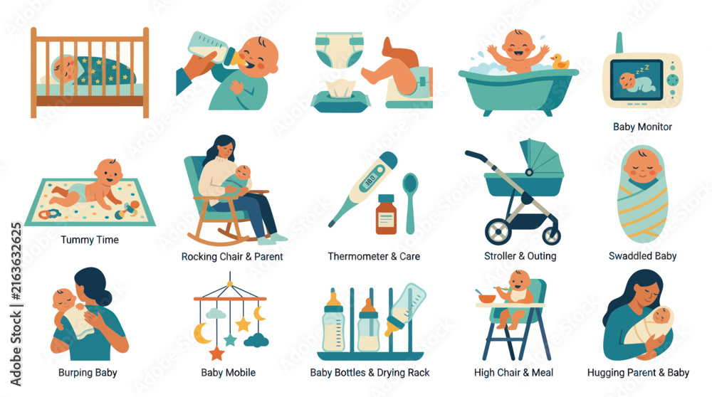 Fototapeta premium Flat Illustration of Baby Care Items and Activities for Parenting Niche