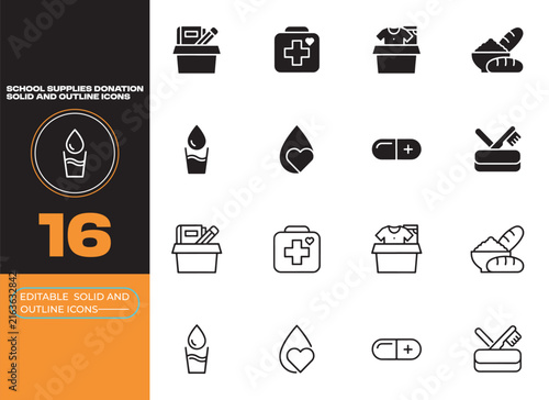 School Supplies Donation Education Charity Organization Solid Outline Icons